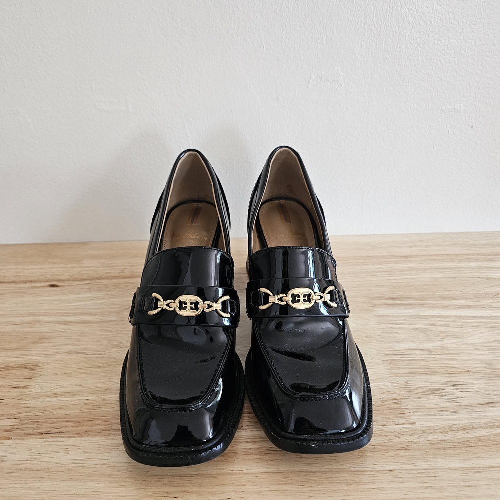 Sam Edelman's Elegant Black Patent Leather Loafers with Gold Chain